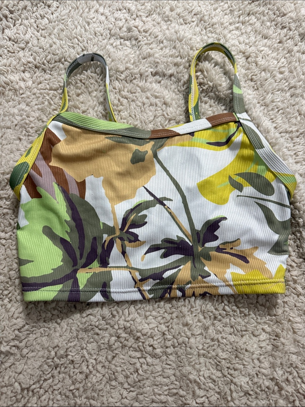 Floral Print Ribbed Crop Swim Tank Top - Green, Yellow, White